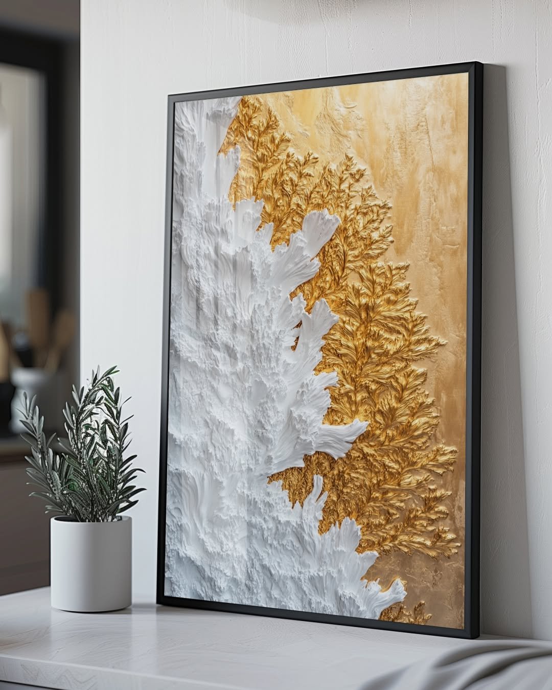 Quadro Decorativo Paisagem Texturizada: Dourado e Branco
