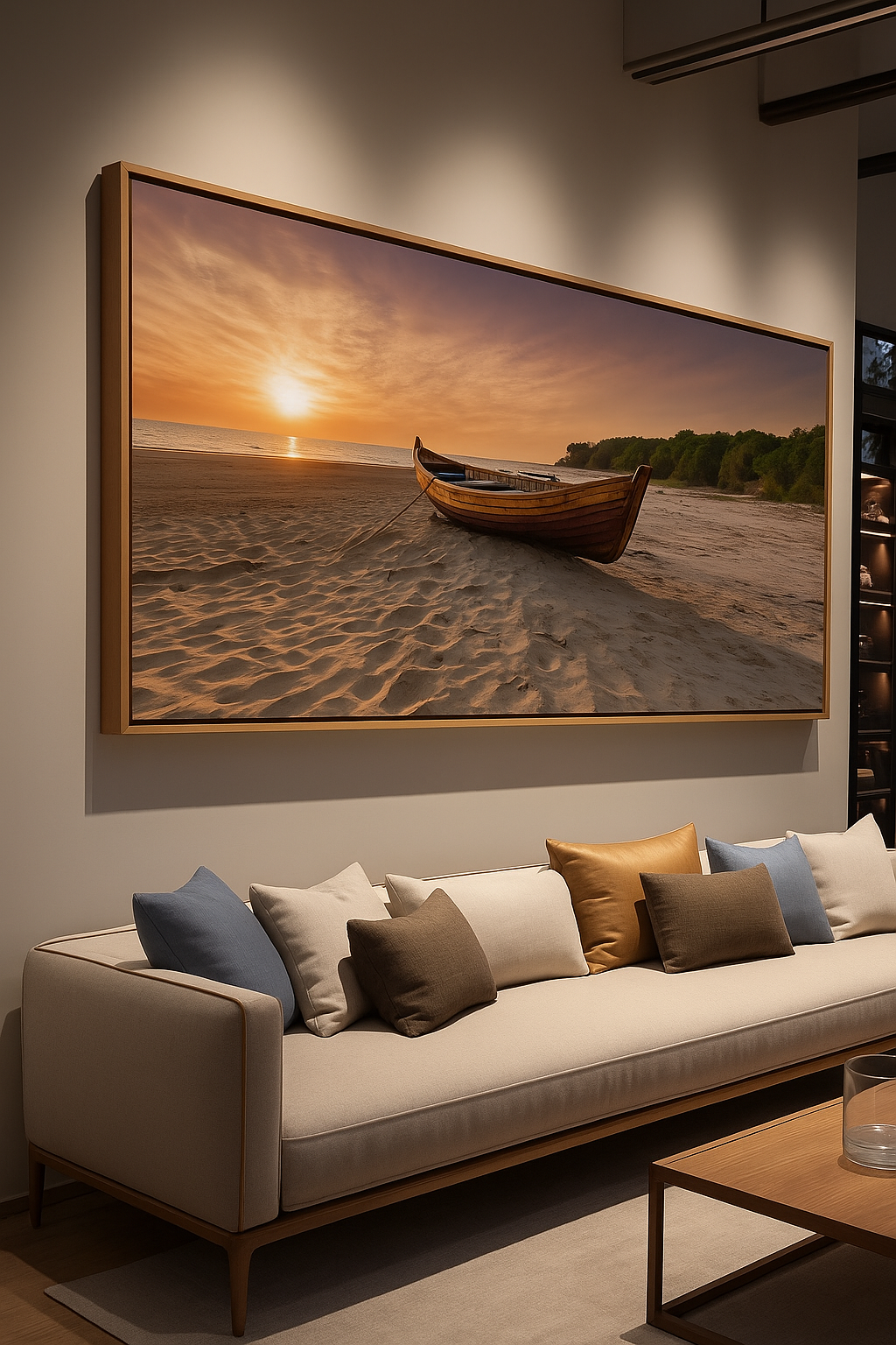 Quadro Decorativo Barco na Praia ao Entardecer